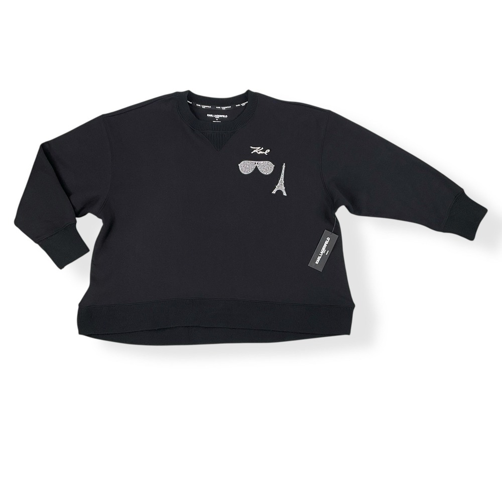 Karl Lagerfeld Sweatshirt Women 1X Black Long Sleeve Embellished Rhinestone NWT